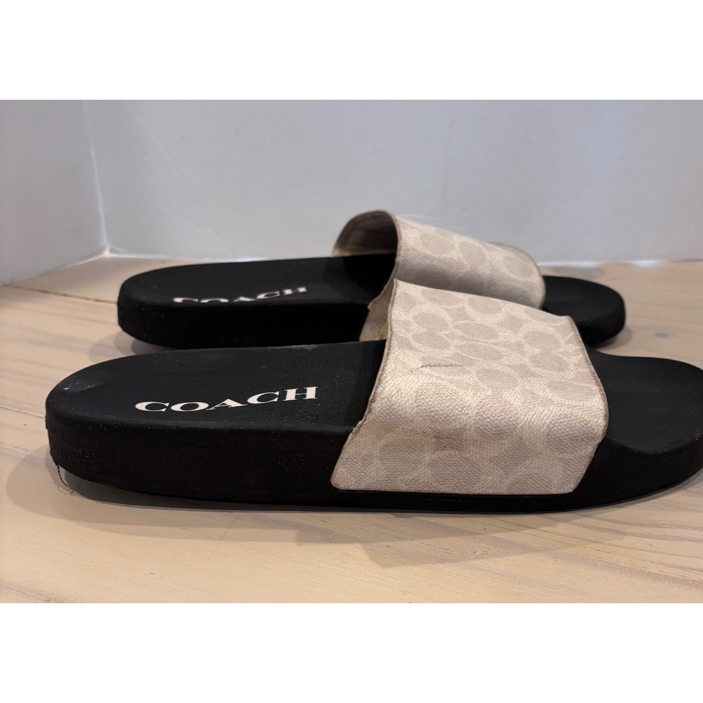 Coach Mens Signature Canvas Slides Chalk White Black Logo Sandals Size 12